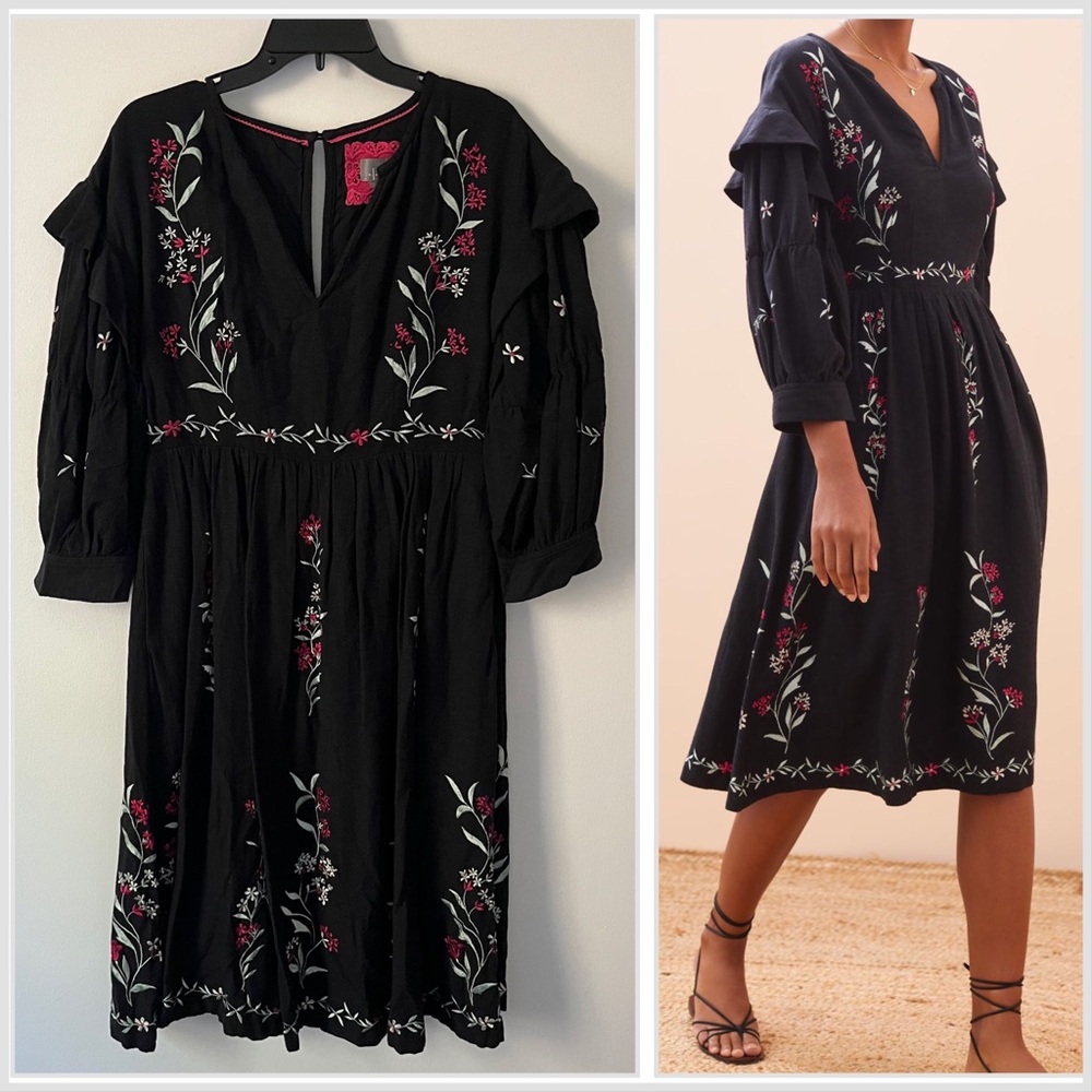 Maeve Anthropologie Black Floral Embroidered Peasant Ruffle Sleeve Midi Dress 6